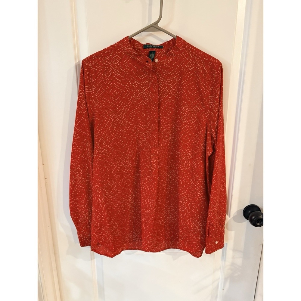 Lauren Ralph Lauren Womens Red Dotted Long Sleeve Blouse Top Shirt Size L Petite
